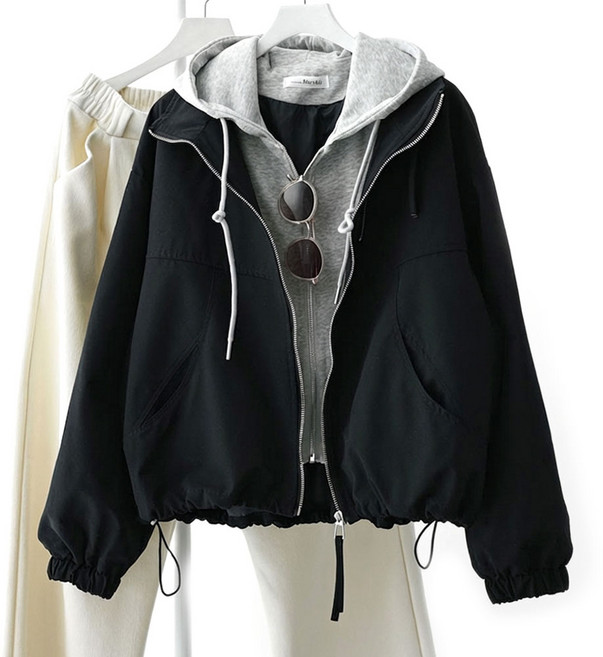 메리앤유 코튼 소재 후드 레이어드 바람막이 점퍼 루즈핏 간절기 자켓