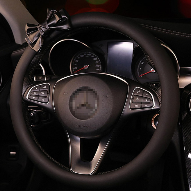 벤비아 리본 그레이스 나파가죽 핸들커버 귀여운 핸들커버 러블리 자동차 인테리어 수입차 국산차 공용 00769, 1개, 1번 블랙&블랙