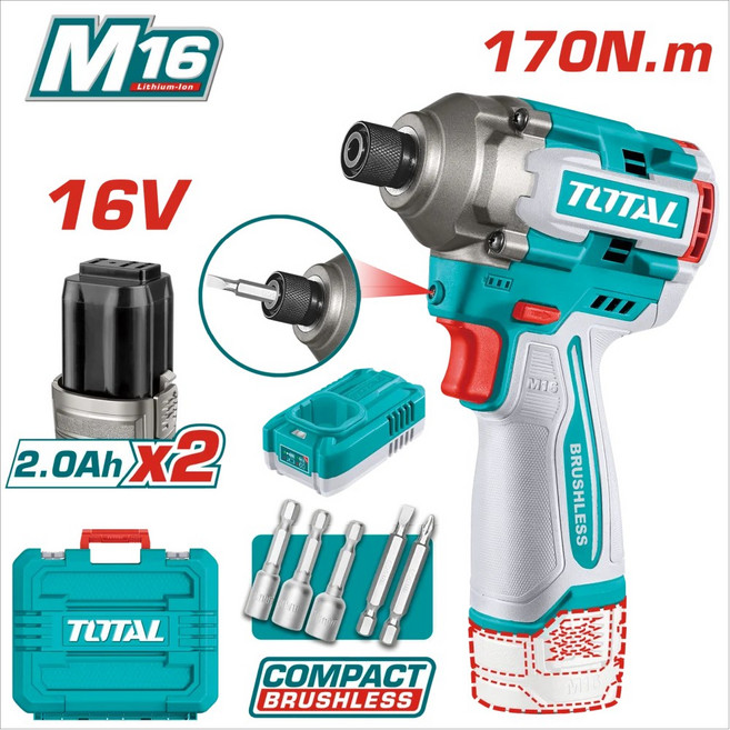 TOTAL 16V 無刷衝擊起子機 170N.m 2.0Ah x2電池 TIRLI16178, 1個