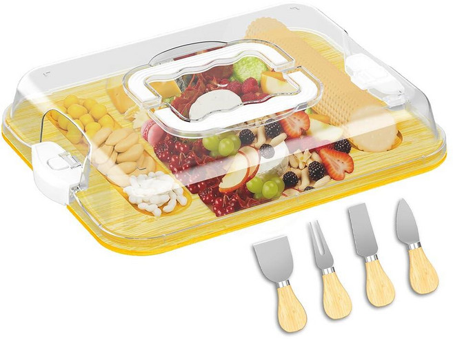 MinBoo 대나무 2-in-1 샤퀴테리 보드 뚜껑 포함 여행용 휴대용 치즈 커버 서빙 트레이 주방용 대형 도마 그녀를 위한 집 워밍 생일 선물 여성 남성 엄마 아빠, MinBoo 대나무 2-in-1 샤퀴테리 보드, 뚜껑