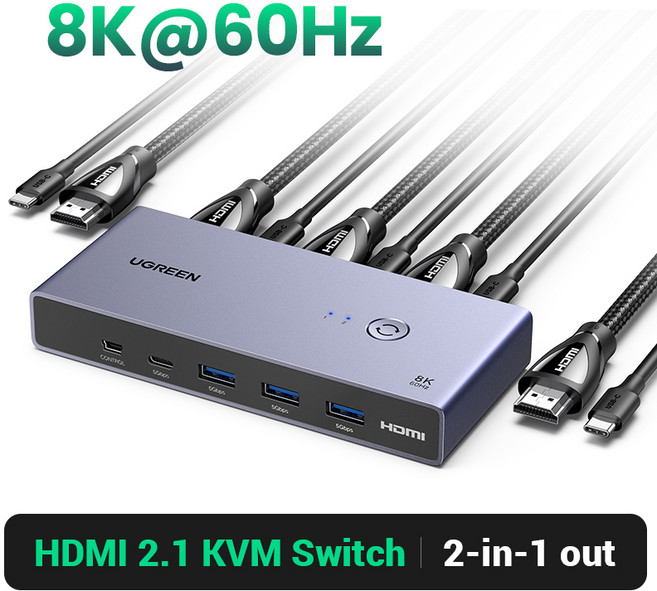 UGREEN HDMI KVM 스위치 USB C 모니터 키보드 마우스 지지대 3D 비전 1 개 공유 8K 60Hz 2, 01 8K KVM Switch, 1개