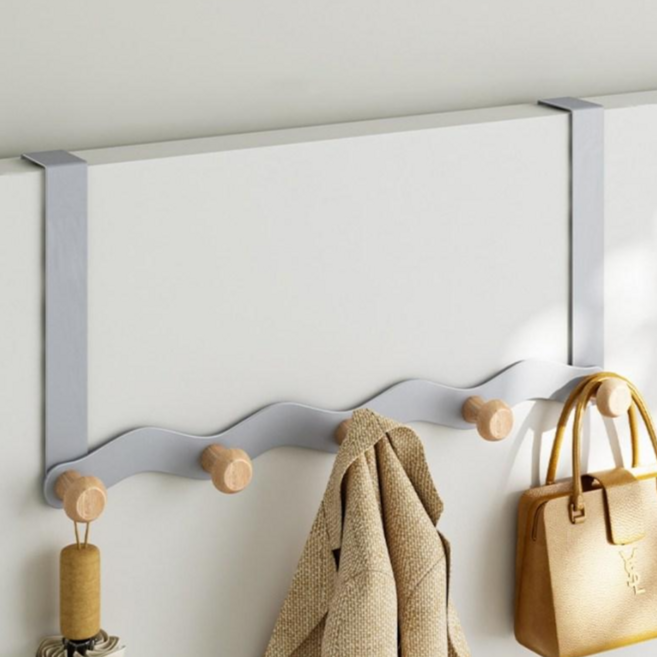 하스몰 웨이브 우드감성 옷걸이 도어 행거 후크, 5구, 1개, 블루그레이5구