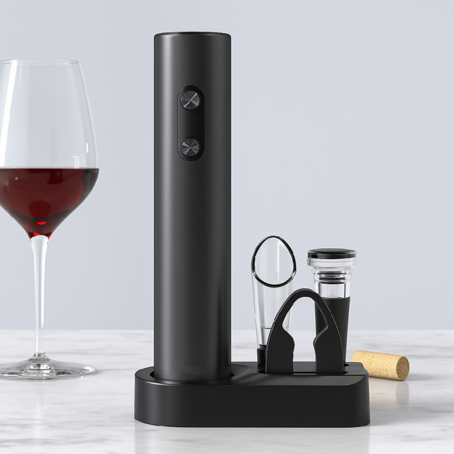 엔토 전동 와인오프너 프리미엄 와인따개 코르크 병따기 포일 커터 푸어러 진공 스토퍼 거치대, 1개, 블랙