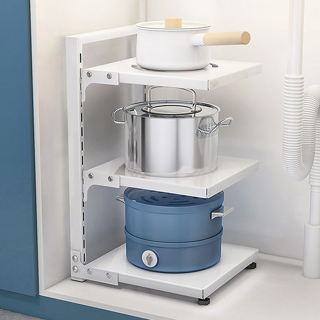 Fowod 다용도 프라이팬 선반 높이조절 거치대, 흰색, 3단