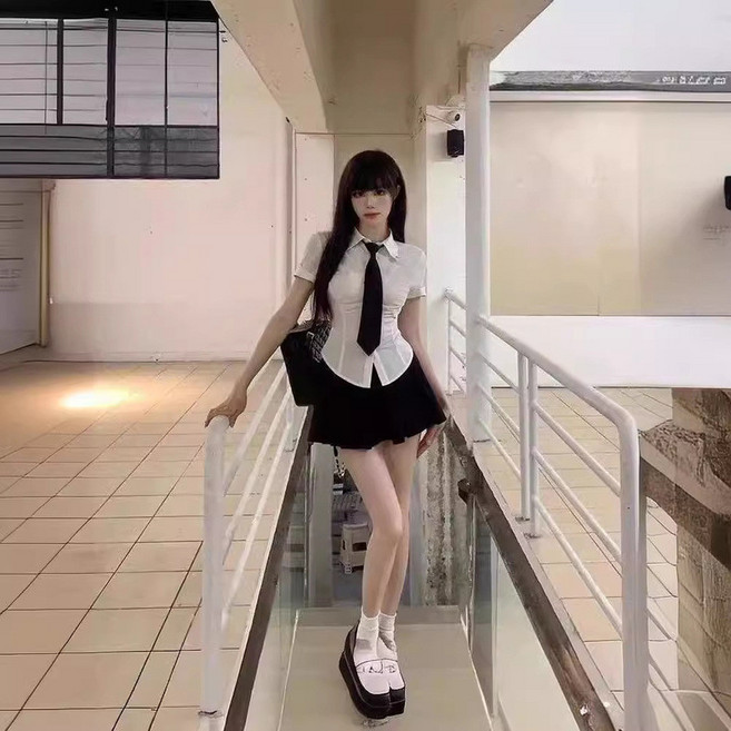 韓系學院風JK制服套裝 白色短袖襯衣 收腰顯瘦