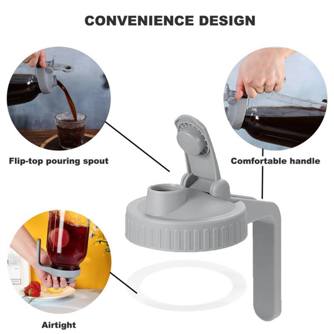 새로운 메이슨 병 넓은 입구 스파우트 뚜껑 밀폐형 피처 플립 캡 뚜껑(손잡이 포함) 내구성 있는 회색, 01 grey, 1개