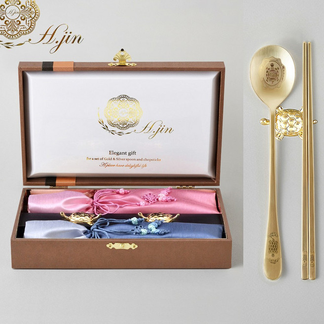 국산 [도도예] H.jin 비단 다복 거북이 부부 티타늄수저세트 골드 (선물포장 + 쇼핑백) 상견례 집들이 부모님 외국인 전통 직원 창립기념일 단체 기념품, 1세트, 비단 다복 거북이 티타늄수저세트 골드, 골드색상