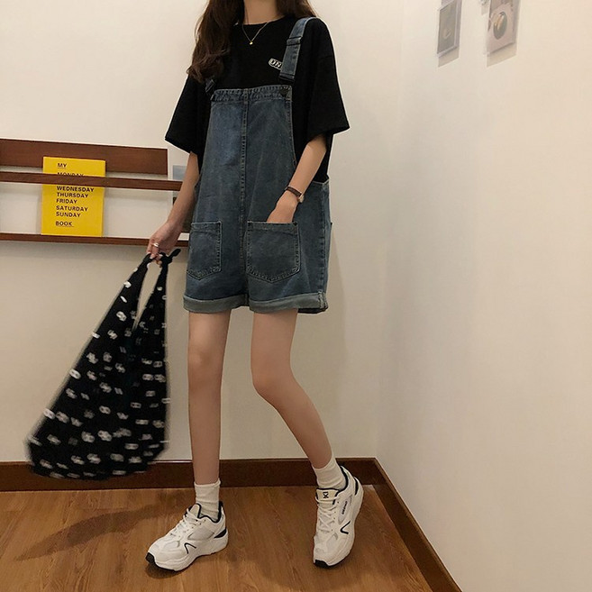 데님 멜빵바지 여장 여름 루즈한 왕홍 빈티지 반바지