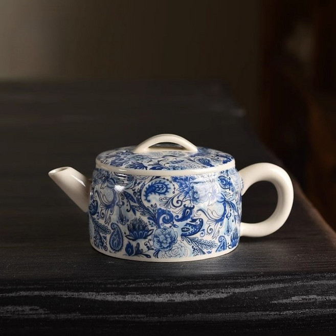 Entrolring 청화 도자기 티주전자 초목회 빈티지 찻주전자, 1개, 150ml, 01
