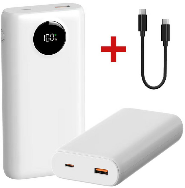 THOUSTA대용량 보조배터리 20000mAh 고속충전PD QC3.0 22.5W 잔량표시 휴대용 기내반입+고속 케이블, 화이트