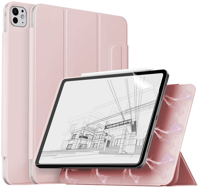 니하 아이패드 마그네틱 폴리오 애플펜슬 수납 케이스(종이질감필름), 베이비핑크