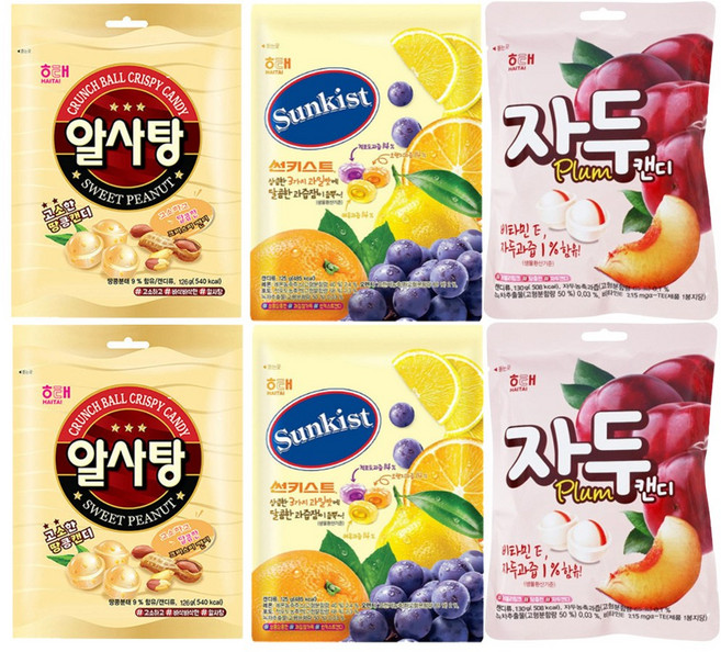 해태 썬키스트 사탕 125g x 2 알사탕 126g x 2 자두캔디 130g x 2 총 6개, 1세트, 762g