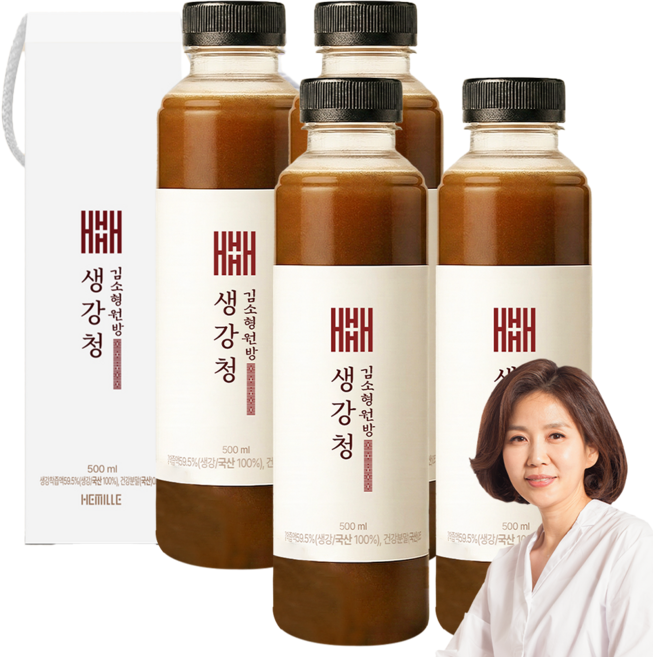 김소형원방 생강청 생강즙 국산 100% 물 한방울 넣지 않은 생강 약 1kg 착즙 원액 비정제원당, 1개입, 4개, 500ml