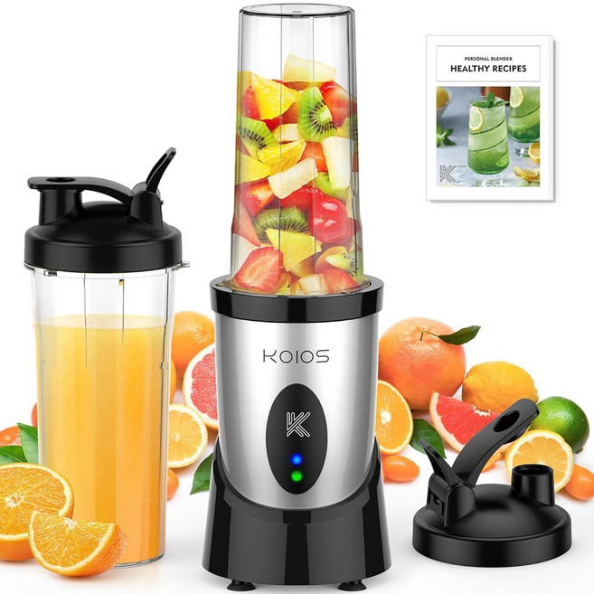 KOIOS 스무디 블렌더 쉐이크 및 스무디용 900W 개인 No-BPA 22온스 휴대용 컵 2개 주스용 싱글 서브 메이커 믹서 영양가 있는 레시피(그레이 블루), 실버