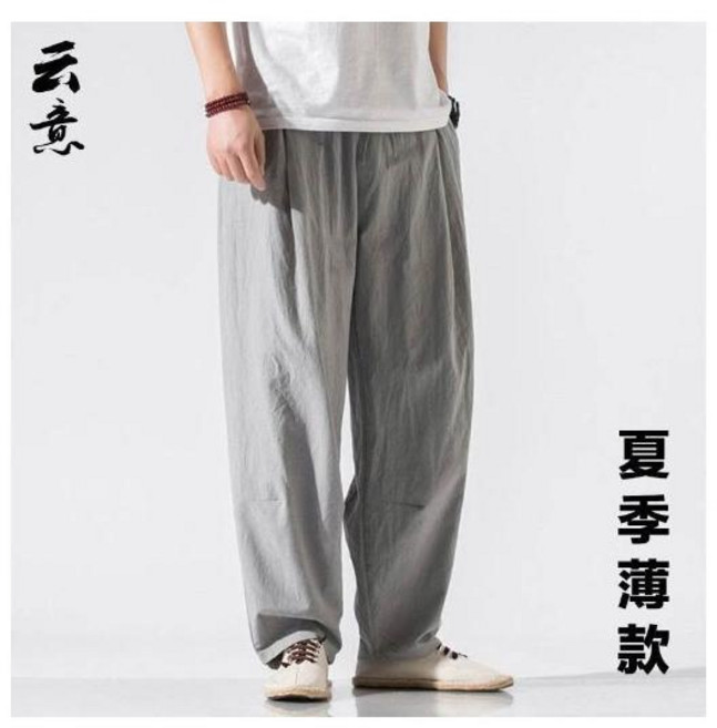 功夫褲牛奶絲新中式太極褲：輕薄透氣寬鬆運動休閒寬褲 吸濕排汗棉麻長褲 素色中老年禪坐褲