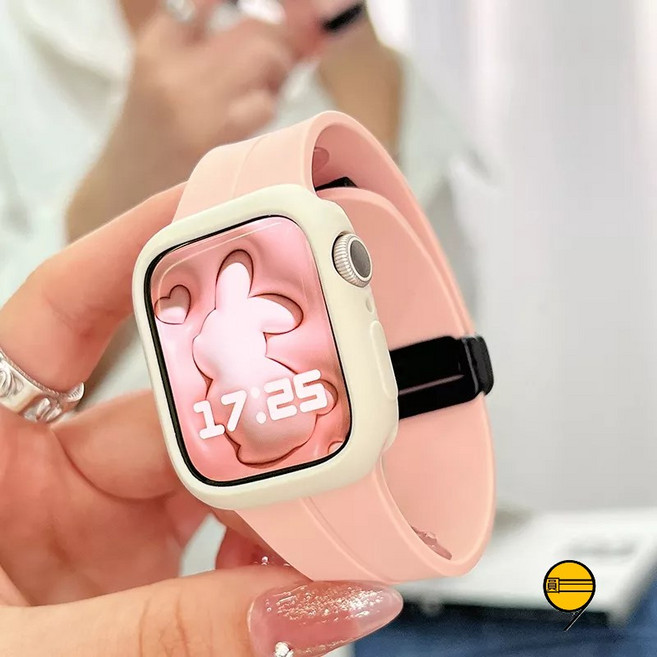 Apple Watch 錶帶 錶殼套裝 矽膠錶帶 適用於 Apple Watch 11 10 9 8 7 SE, 松針綠+淺黃, 1個