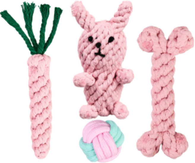 ZHEYE 핑크 강아지 이갈이 장난감 끈 4종 세트, 1세트, 혼합색상