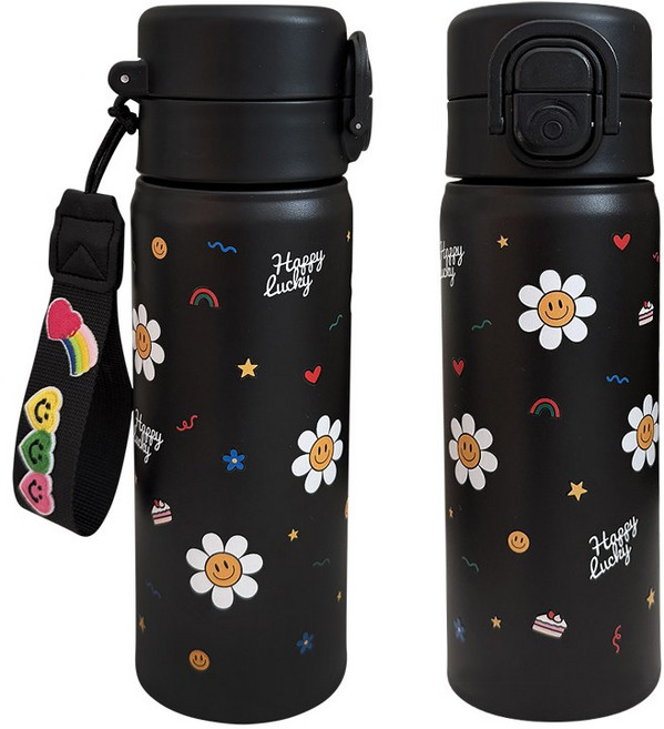 바이코코 DIY 스트랩 스마일 데이지 보온 보냉 스텐 예쁜 손잡이 빨대 텀블러, 1개, 500ml, 블랙