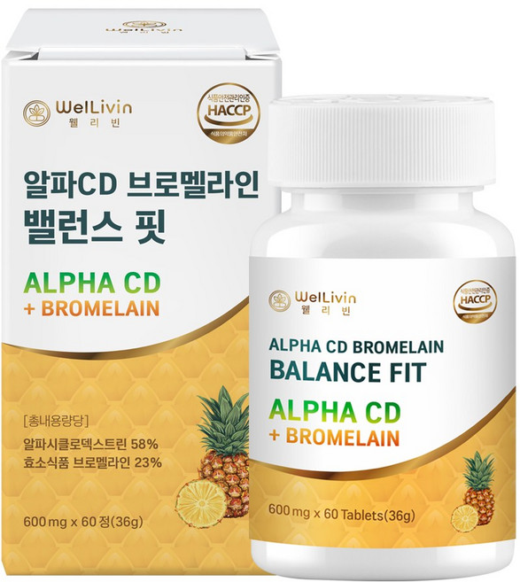 알파CD 브로멜라인 효소 알파시클로덱스트린 난소화성말토덱스트린 파인애플효소 식약청인증, 1개, 60정