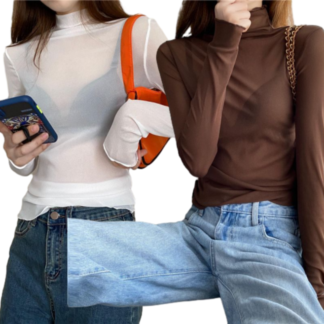 1+1 여성용 망사 시스루 목폴라 티셔츠 2종 세트 뉴타임즈 I812U626