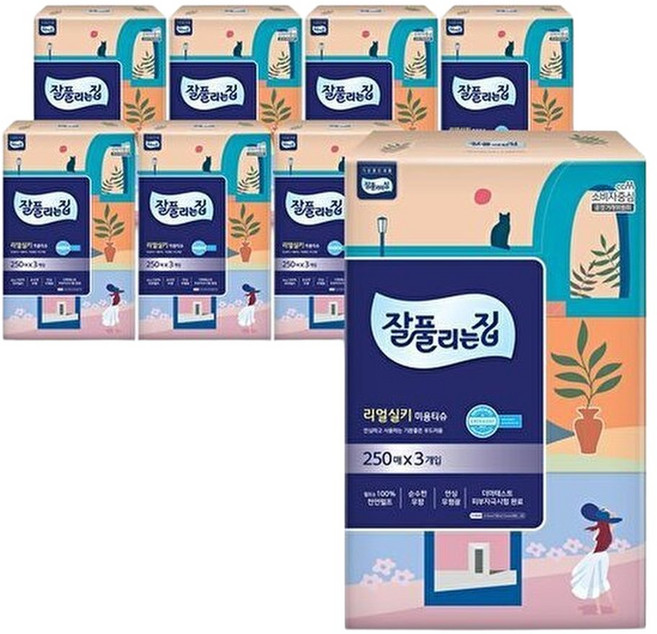 잘풀리는집 S 잘풀리는집 리얼실키 미용티슈 250매 x 3입 x 8팩, 24개