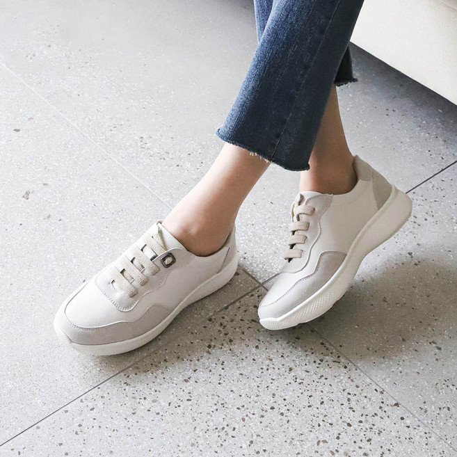 모꼬지 여성용 심플 베이직 스판스트링 천연소가죽 스니커즈 운동화 4cm