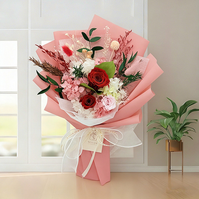 시연플라워 생화 프리저브드 꽃다발 ( 28cm X 38cm ) + 쇼핑백, 1 레드