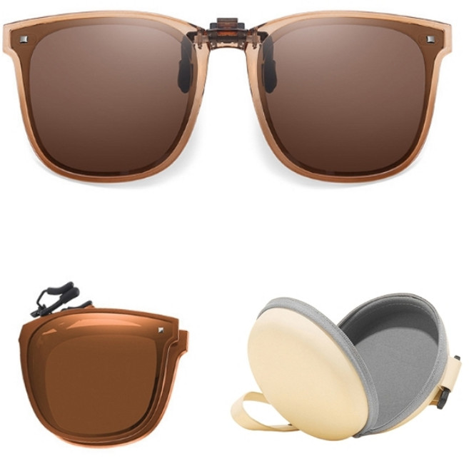 안경위에 쓰는 선글라스 접이식 편광 클립 온 썬글라스 + 전용 파우치, 클립온-브라운, 1개