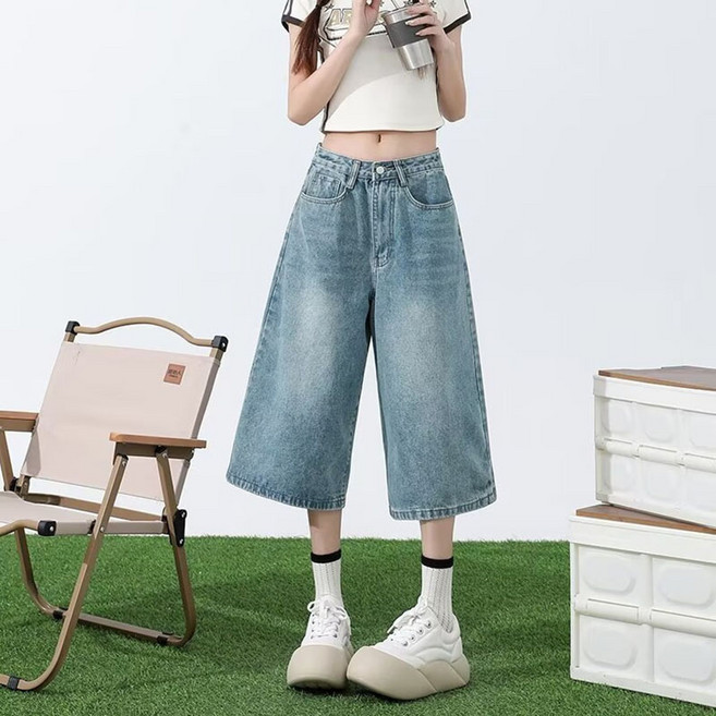 슬림소녀 여성 7부 데님 반바지 하이웨스트 와이드 여름 일자 바지