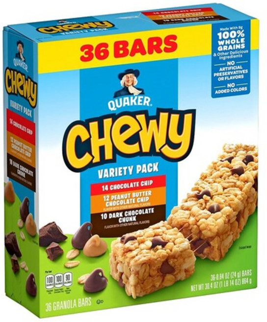 Quaker 퀘이커 츄이 그래놀라 바 3종 피넛버터 초콜릿 칩 24g x 36바 프로틴바 Chewy, 36개