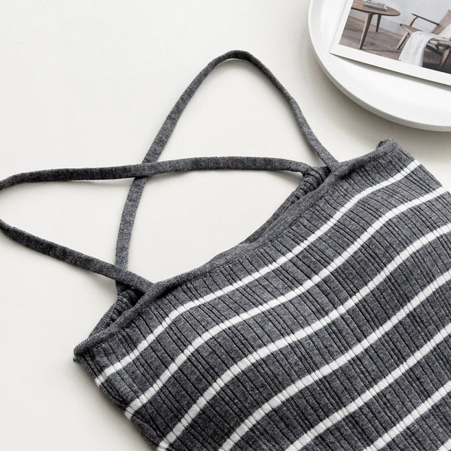 交叉細肩帶胸墊條紋針織長洋裝 連身裙 背心裙, 現貨-灰色