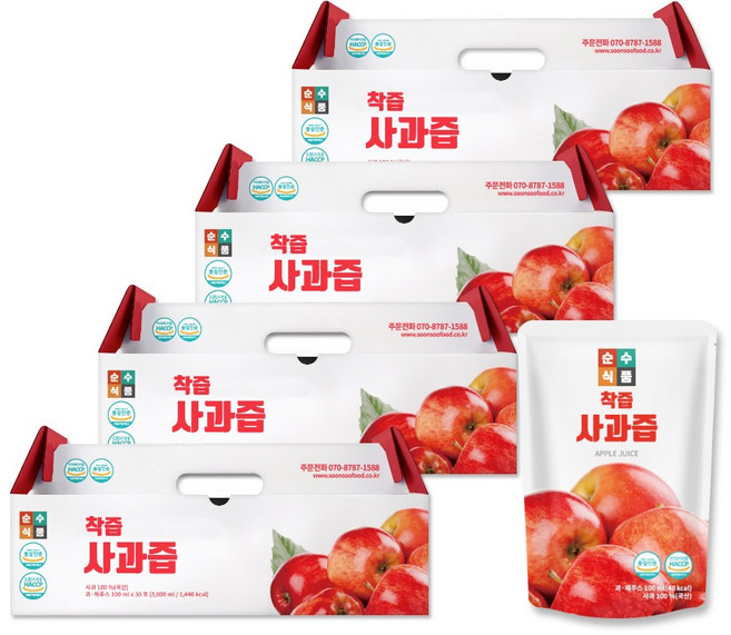 순수식품 착즙 사과즙, 120개, 100ml