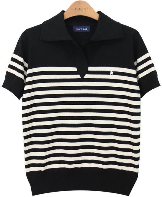라파클럽 여성 스트라이프 반팔 카라티 여름 니트 스웨터