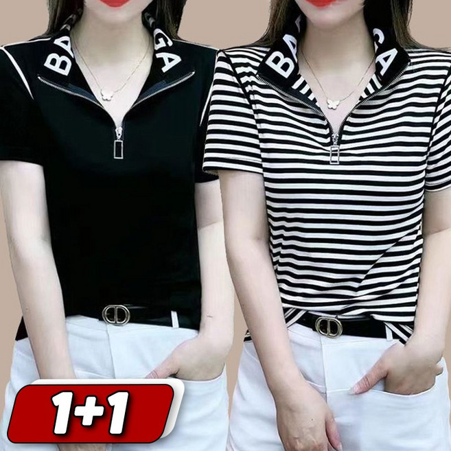 1+1 여름 터틀넥 반집업 반팔 티셔츠 루즈핏 레터링 심플 반팔티 패션 이너 상의