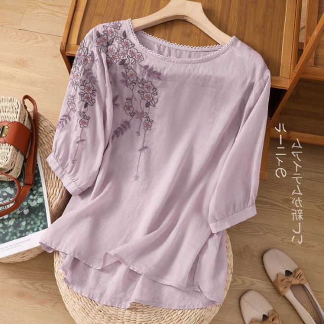 棉麻復古刺繡短袖T恤上衣女