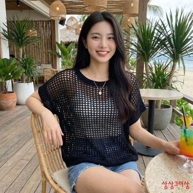 상상그이상 여성용 국내제작 스카 캡 루즈니트 얇은 그물 비치웨어 레이어드 망사 라운드넥 반팔 썸머니트