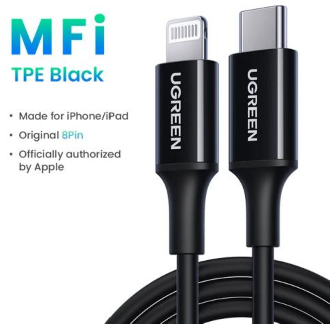 UGREEN-MFi 20W PD USB C to 라이트닝 케이블 아이폰 14 13 12 프로 맥스 아이패드용 고속 충전 c타입 케이블, 06 TPE 블랙, 1.5m, 1개