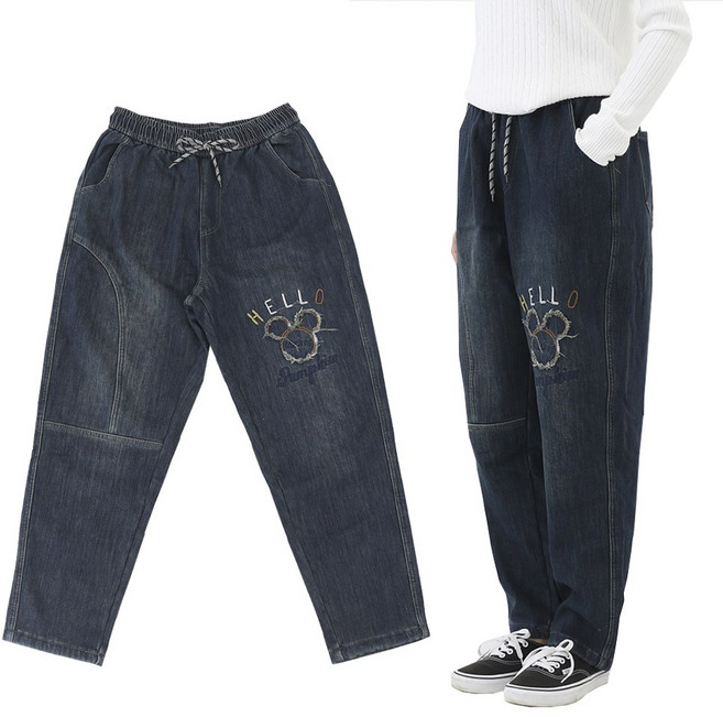 비비진 겨울 기모 배기 중년 엄마바지 워싱 자수 청바지 빅사이즈