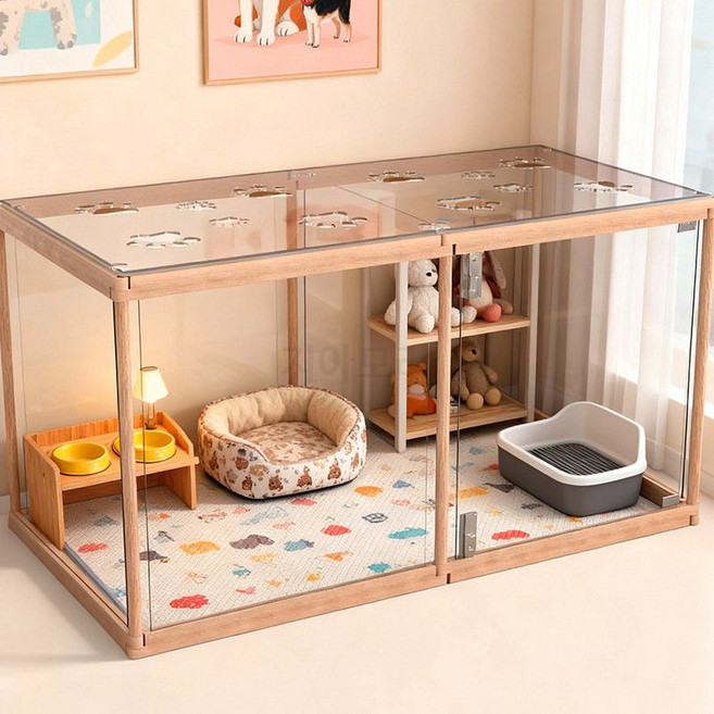 원목 나무 펫울타리 소형견 강아지 고양이 실내 낮은 울타리 이동식 조립식 펜스, 1개, 8조각 대문 무봉쇄형 침대세트 방수매트포함