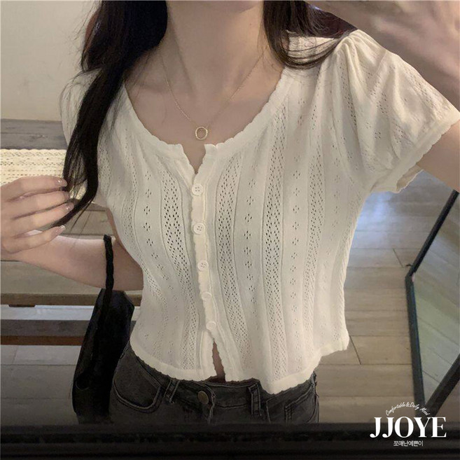 쪼예 러블리 코사지 펀칭 쿨니트 크롭 반팔 가디건