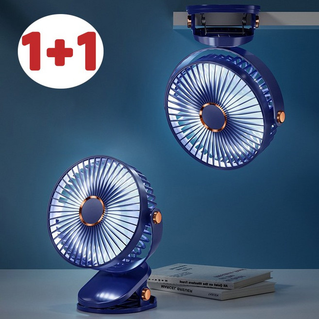 1+1 미니 무선 클립형 휴대용 선풍기 360도 회전 충전식 무드등 조명 다기능 탁상용 벽걸이 무소음 선풍기 유모차 캠핑, 네이비, F50 [1+1]