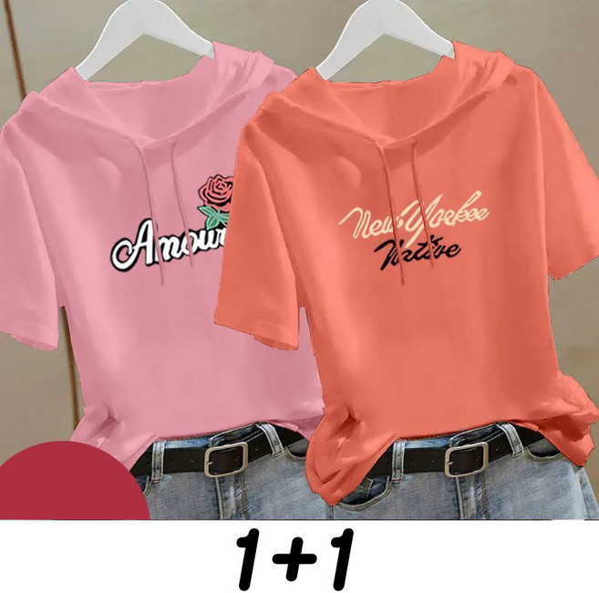 1+1 여성 반팔 맨투맨 티셔츠 여름 루즈핏 슬림핏 티셔츠 심플 슬림핏 후드 상의 캐주얼 원플러스원 순면 반팔티 YMY