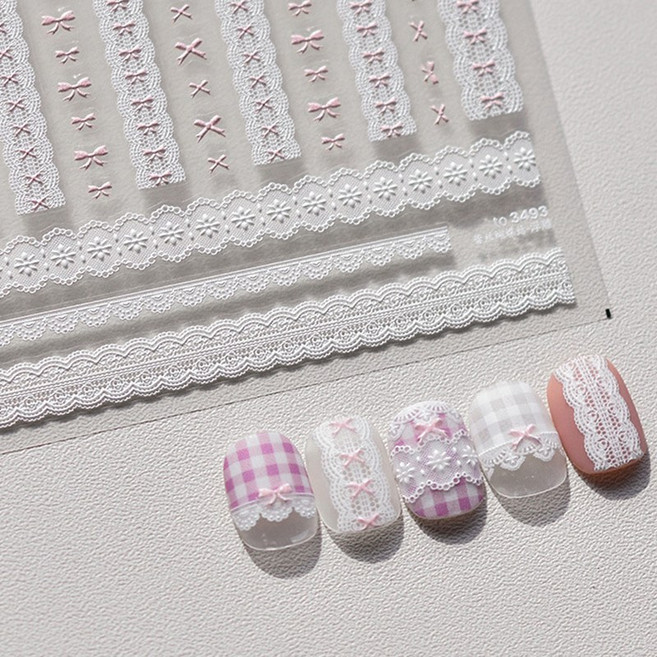 레이스 리본 네일스티커 1장 발레코어 하트 리본 핑크 도일리 셀프네일재료, 1개