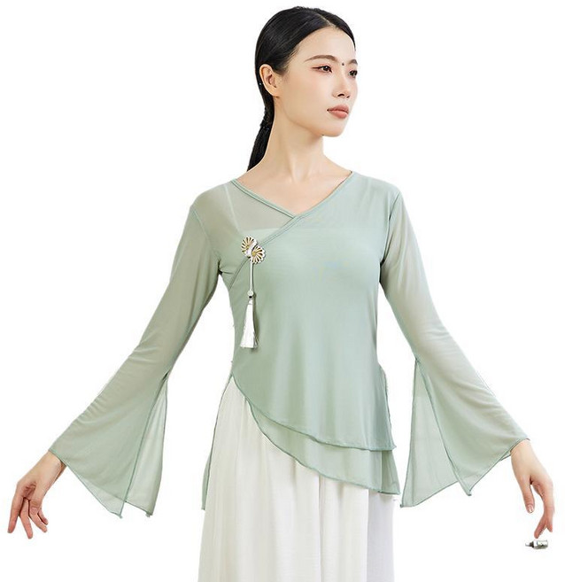 中國風古典舞紗衣 飄逸身韻演出服 練習服 舞蹈上衣, 蟹殼青 單件上衣 ,2XL, 蟹殼青, 單件上衣