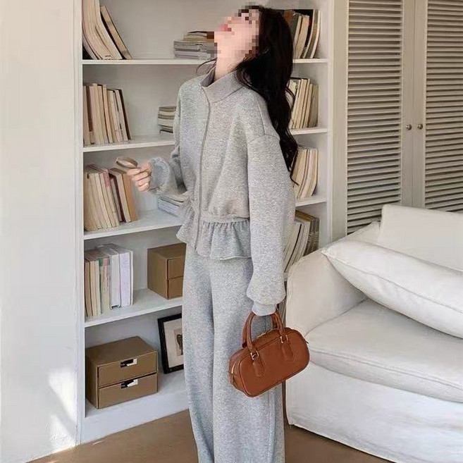 봄가을 여성용 루즈핏 플로럴 캐주얼 트레이닝복 세트 슬리밍 스포츠 상하의 투피스 세트