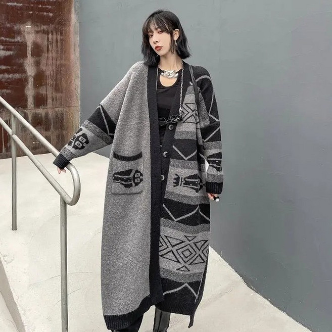 꽃소담 여성 브이넥 배색 포켓 루즈핏 롱 니트 가디건 XP1490