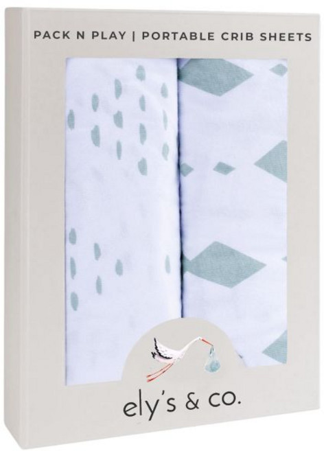 엘리스 앤 코 팩 앤 플레이 휴대용 미니 유아용 시트 세트 100 저지 코튼 핑크 셰브론 및 폴카 도트 2팩, Sage