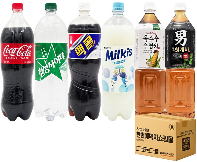 [한번에먹자] 1.5L 탄산 차음료 혼합세트 / 코카콜라 + 칠성사이다 + 맥콜 + 밀키스 + 광동 옥수수수염차 + 광동 헛개차 / 각1개씩, 6개