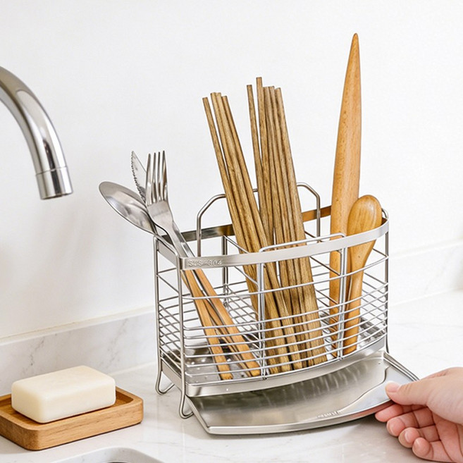 타리홈스 스텐 물빠짐 수저통 수저 정리함, 1개, 실버