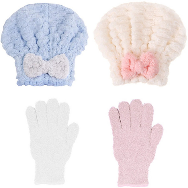 투데이리빙 4개 세트 헤어 드라이 타올 2개 + 장갑 2개 머리 빨리 말리는 핸드 드라잉 수건 극세사 헤어캡 머릿결 손상 방지 타월 터번, 1세트, R98489A(혼합색상